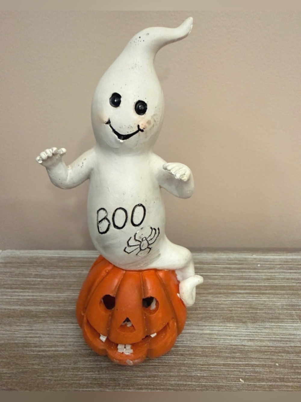 White Ghost on Orange Pumpkin Halloween Decor